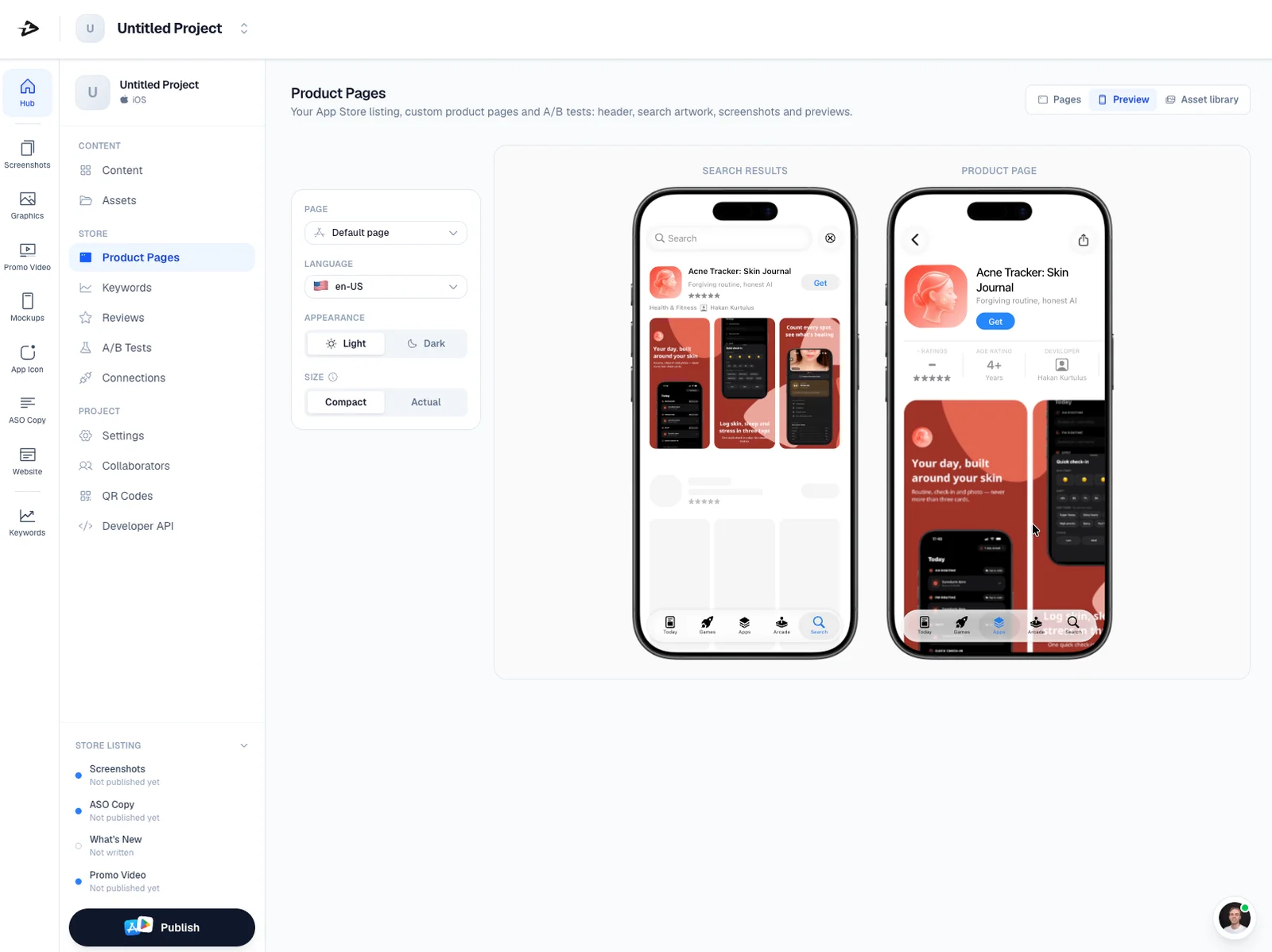 Appfly mockup studio with two iPhone models showing an app