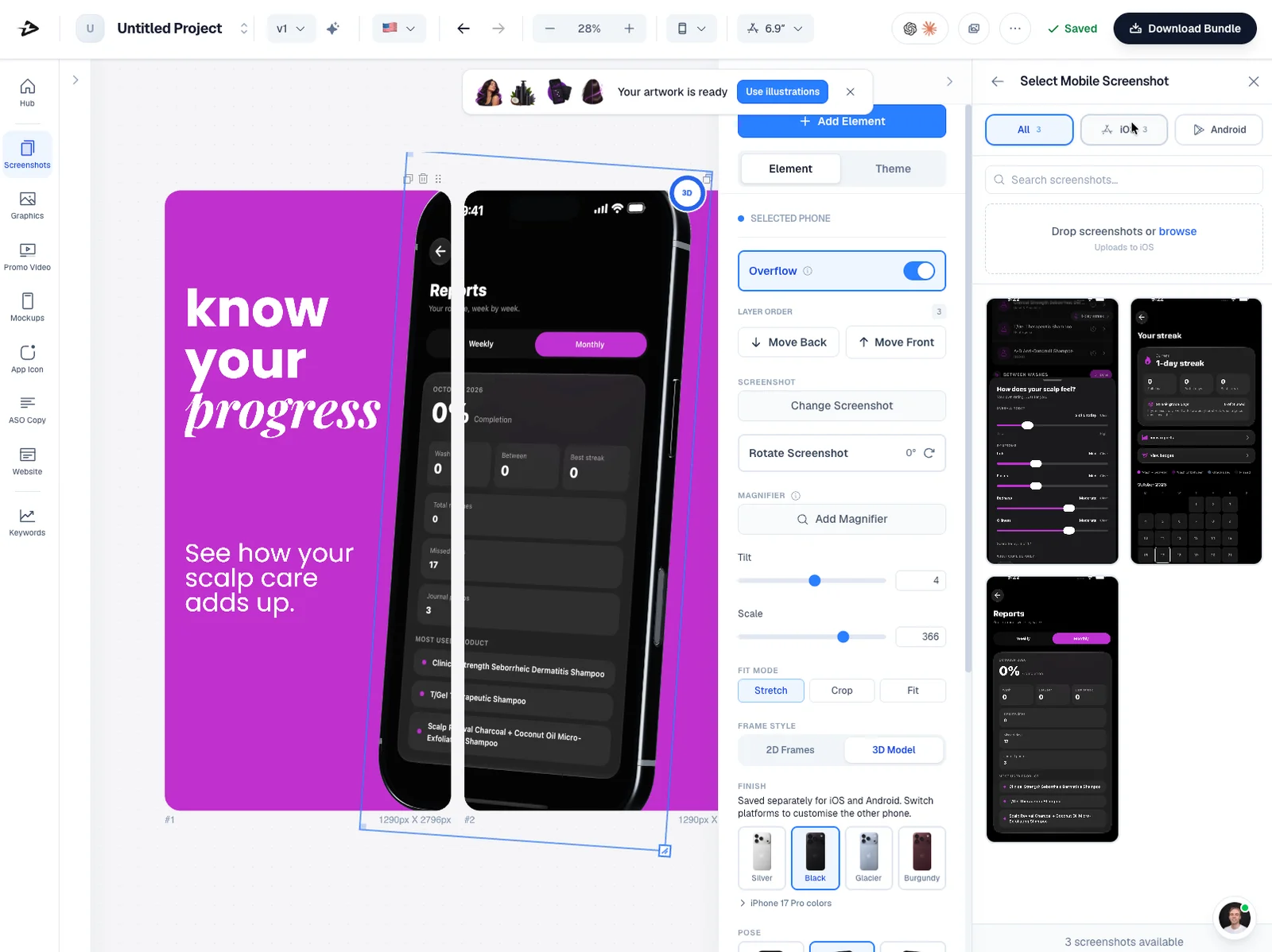 Appfly screenshot editor with colorful App Store layouts, device frames, and editing controls